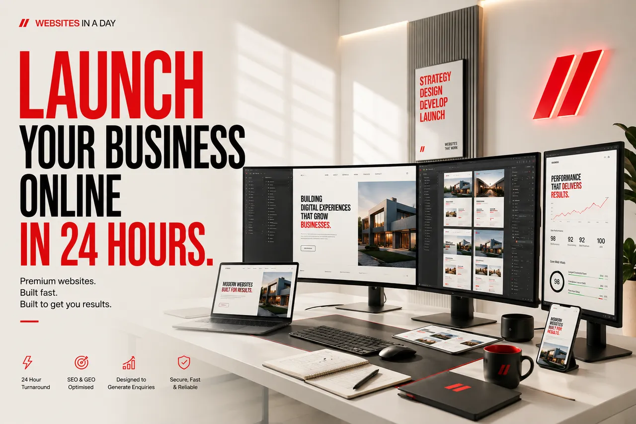 Premium web design studio with multiple screens showing website design and performance work.