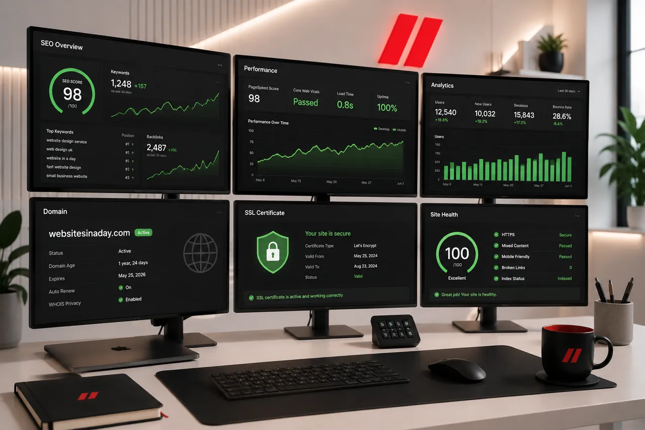 Launch-readiness dashboard with performance and site-health checks.