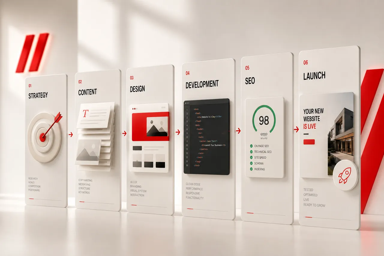 Website production workflow covering strategy, content, design, development, SEO and launch.