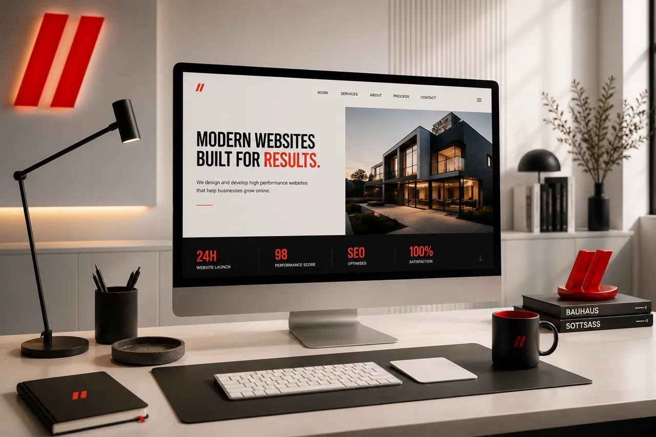 Premium workspace displaying a modern business website.