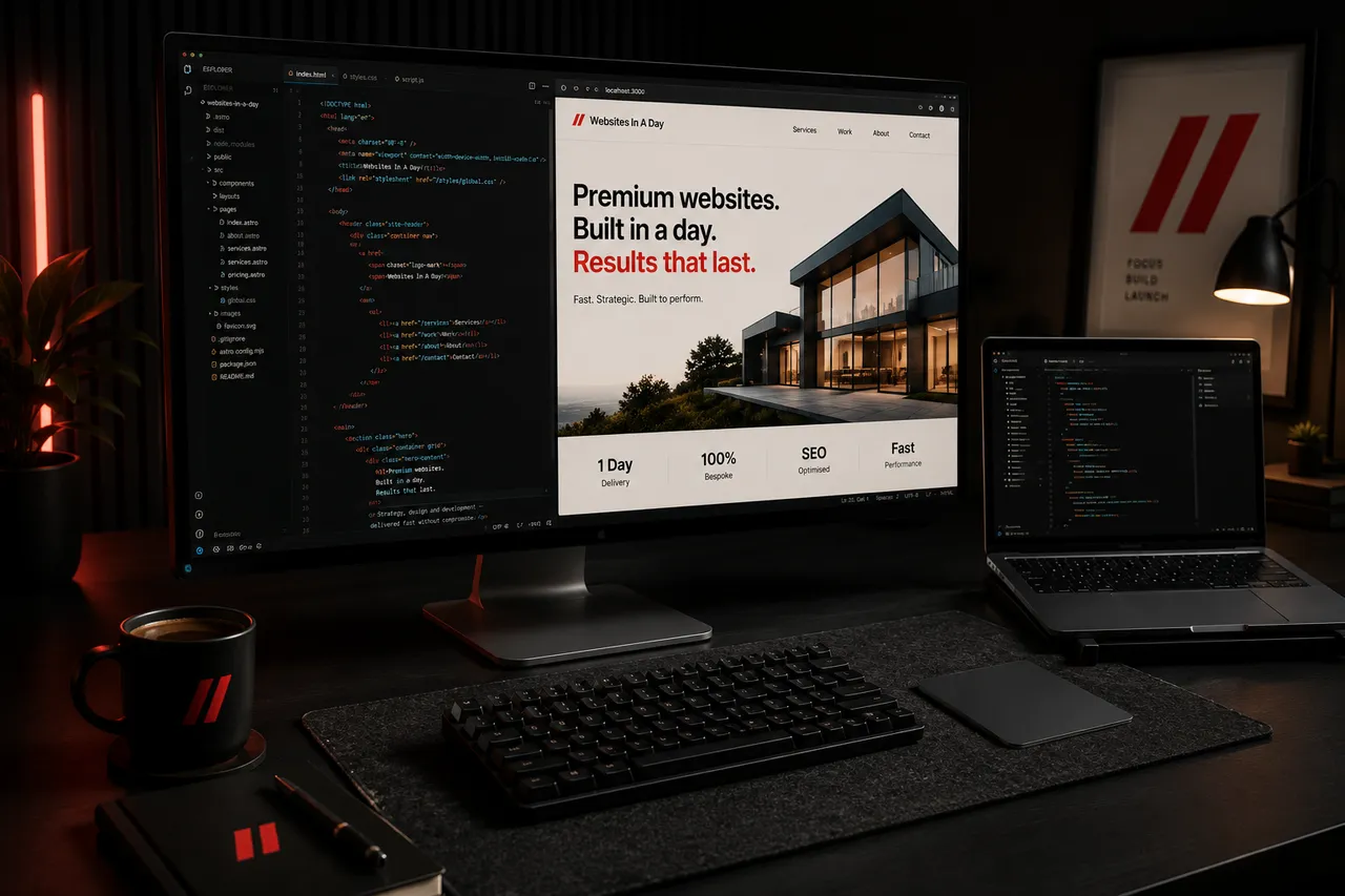 Developer desk showing website code and a live preview.