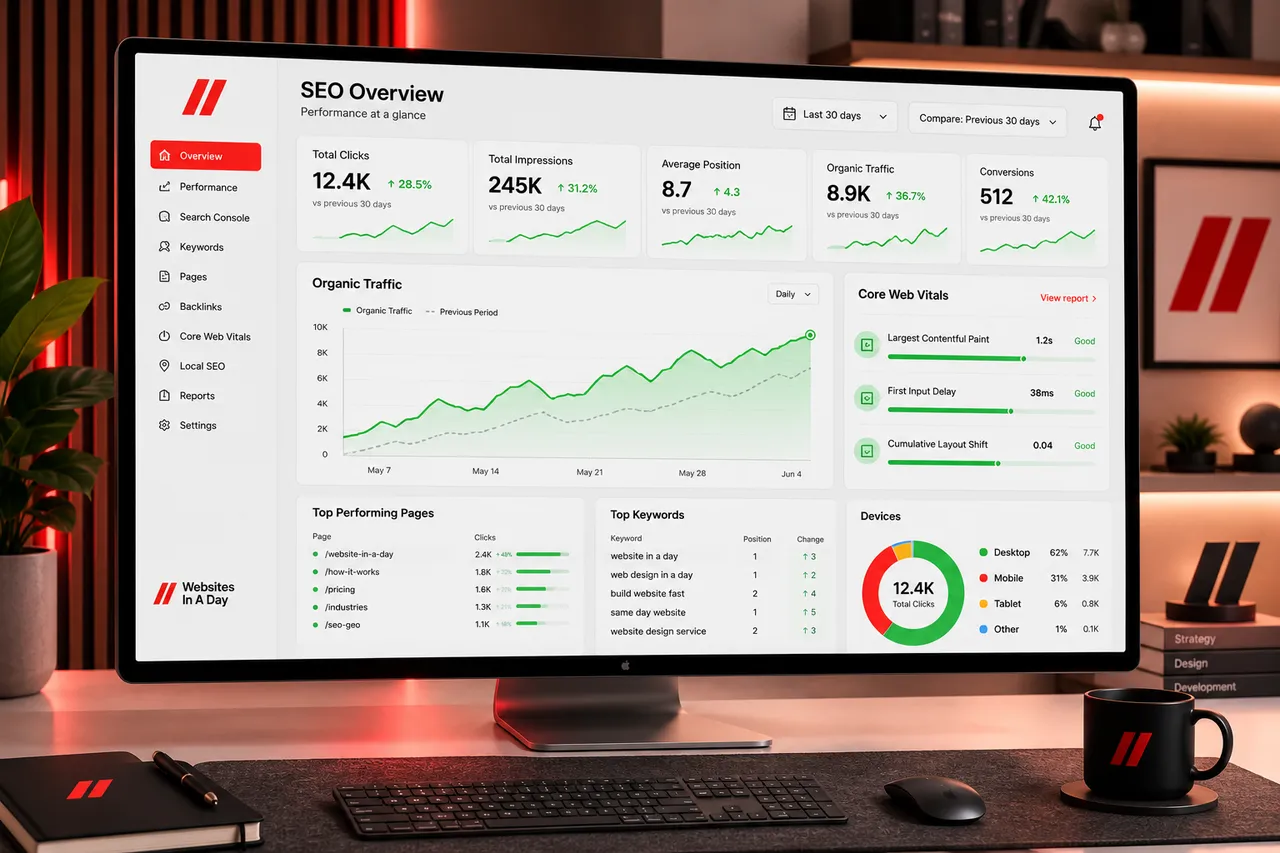 SEO performance dashboard and healthy Core Web Vitals.