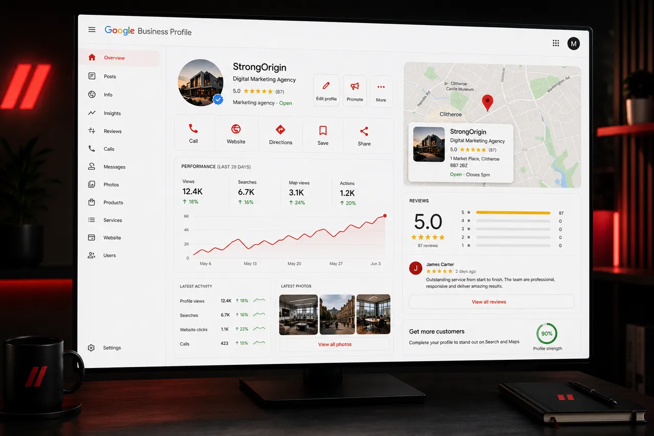 Business profile optimisation dashboard with map and customer actions.