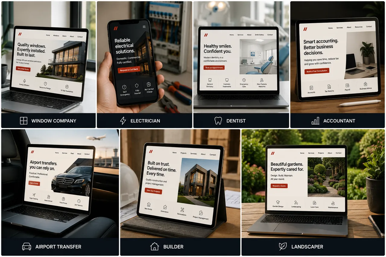 Website concepts for multiple service industries.