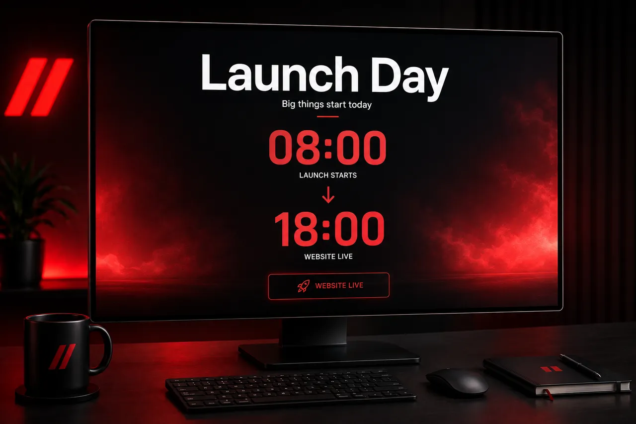 Launch-day screen showing an 08:00 start and 18:00 launch.