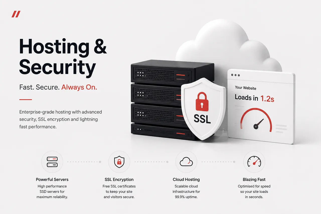 Hosting and security illustration with servers, SSL and cloud hosting.