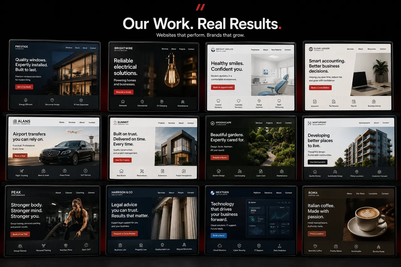 Portfolio wall displaying premium website concepts.