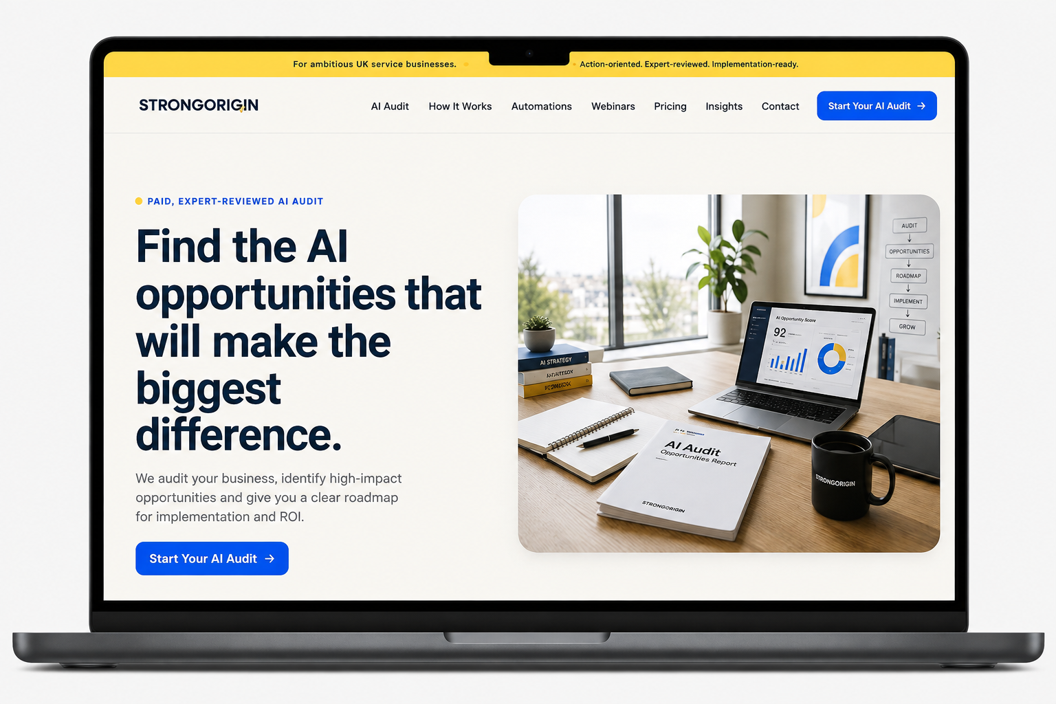 StrongOrigin UK website design displayed on laptop